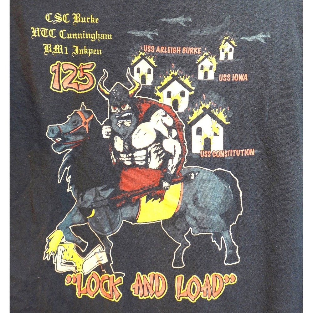 Vintage US Navy t-shirt Men's Small Black Hanes Lock and Load Viking Battle Tee